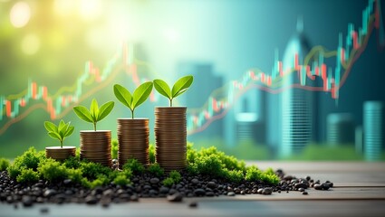 Green business concept investments, sustainable development, and a futuristic financial market highlighting the synergy of green economy and growth