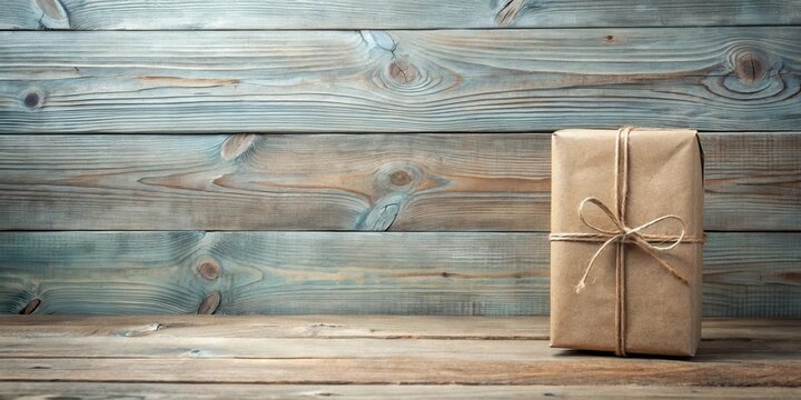 Rustic brown gift package tied with twine sits on aged wooden surface