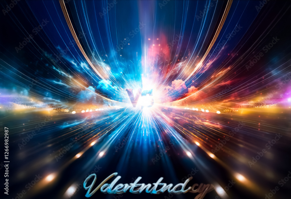 Poster Abstract image of vibrant light rays bursting outwards from the center in blue and orange, creating a dynamic and energetic visual.