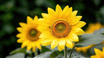 Fototapeta premium Two bright sunflowers in a garden