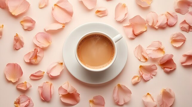 A beautifully arranged cup of coffee elegantly surrounded by delicate rose petals, infusing romance into every sip
