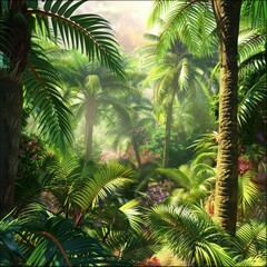 Fototapeta premium Tropical forest scene Lush green palm trees with colorful flowers in a bright, dense jungle