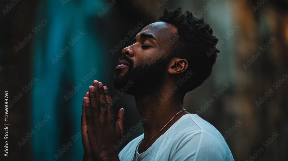 Poster in a calm urban backdrop illuminated by twilight, a muslim man reflects in prayer, hands clasped tog