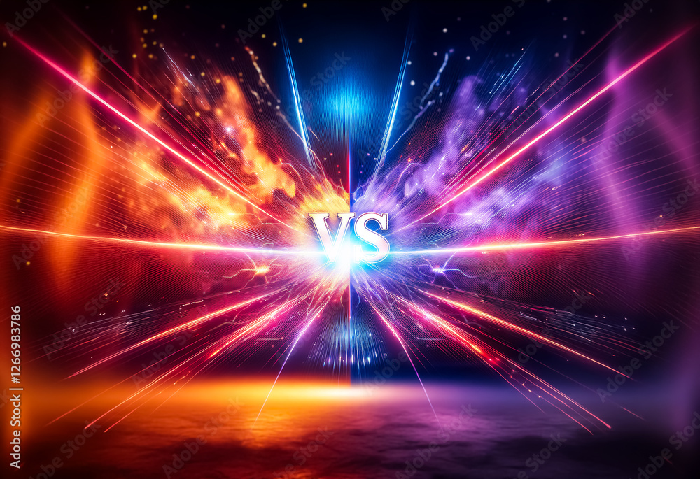 Poster Vibrant abstract energy clash. Dynamic bursts and rays emanate from the center, showcasing opposing forces and intense competition with contrasting colors.