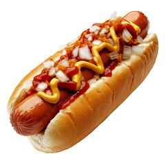 Delicious hot dog topped with mustard, ketchup, onions, and bacon bits, served in soft bun, perfect for summer barbecue or picnic
