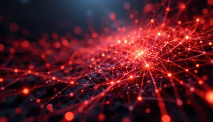 Obraz premium Abstract red network matrix with glowing nodes and connections on dark background