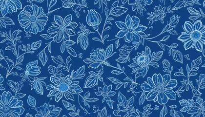 Intricate white floral patterns on deep blue background
