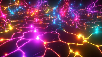 Obraz premium A digital mind map with interconnected neon nodes, forming a glowing web of intelligence and brain synapses, set in an advanced sci-fi setting