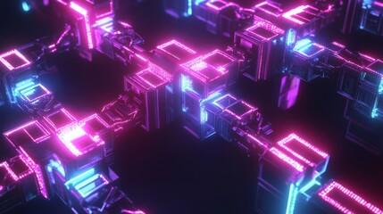 Fototapeta premium A digital web of blockchain connections, with bright glowing nodes and abstract neon security elements forming a futuristic data network