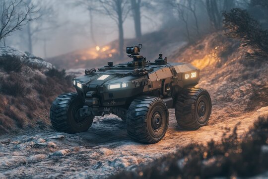 Innovative unmanned ground vehicle UGV navigating rugged terrain for reconnaissance and inspection tasks