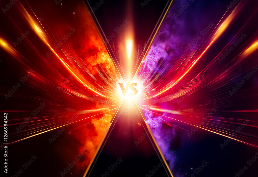 Poster Vibrant energy fields collide, creating a dynamic split of warm and cool tones. Fiery red and orange hues clash with cosmic purple and blue, converging at a bright, central point of light.