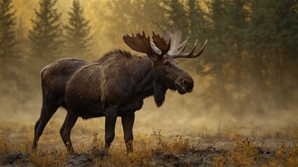 Moose at Dawn tranquil contemplating amidst golden light and evergreen silhouettes