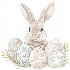 Obraz premium Delicate watercolor painting of an adorable bunny sitting among beautifully decorated Easter eggs. Minimum details. Children's picture for Easter. 