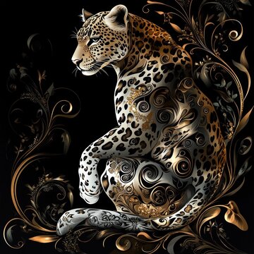 Elegant leopard ornate swirls dark background, design art