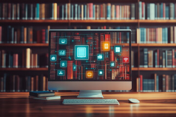 Concept of an e library with virtual icons computer