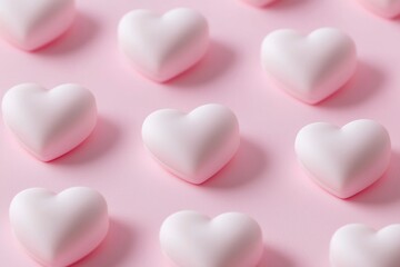 Obraz premium Pink heart candies on pink backdrop, romance, wedding invitation or gift card