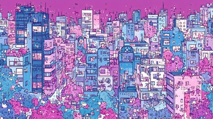 Fototapeta premium Vibrant purple city skyline art playfully arranged with whimsical buildings. AI Generated