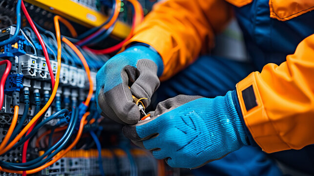 Electrician at Work:  A close-up shot of an electrician's hands working on a complex electrical panel, demonstrating precision and expertise in their craft.