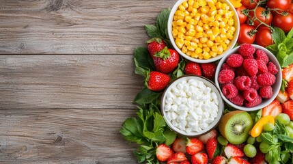 Fresh fruit, vegetables, and cheese on wood. Healthy eating concept