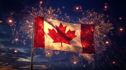 digital illustration of a fireworks display in the shape of the Canadian flag. The flag is waving in the wind, with the red maple leaf in the center