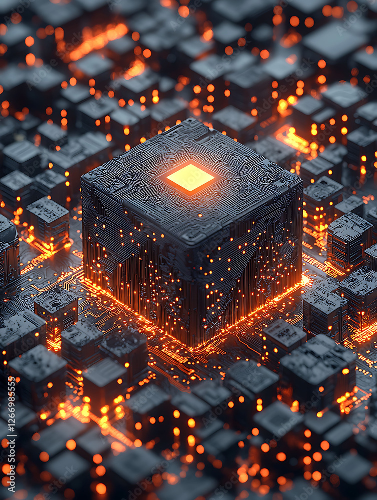 Poster abstract digital artwork depicting a glowing central processor unit within a complex network. repres