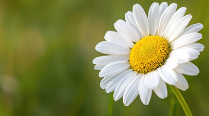 Fototapeta premium Closeup of single daisy with white petals and yellow center, radiating beauty