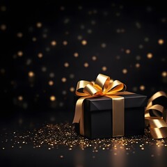 A black box with gold ribbons on it