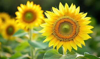 Fototapeta premium Vibrant sunflower with intricate details, surrounded by lush greenery