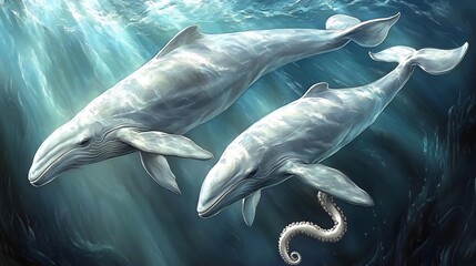 Fototapeta premium Serene underwater scene: Two majestic whales gracefully swim, bathed in ethereal sunlight. AI Generated