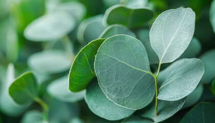 Fototapeta premium Closeup of eucalyptus leaves with frosted tips, showcasing their vibrant green hues