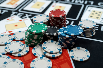Black casino table with card and chips for game. Win and fortune