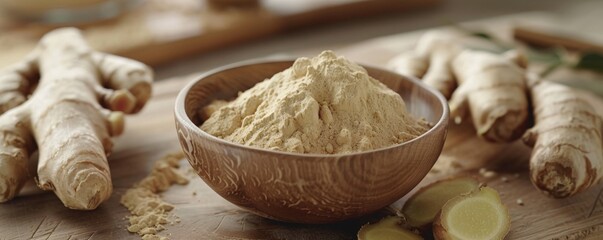 Fototapeta premium A bowl of powdered ginger is on a wooden table