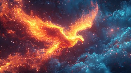 Fototapeta premium A conceptual rendering of a glowing phoenix rising from the ashes, symbolizing business recovery, vibrant and artistic 