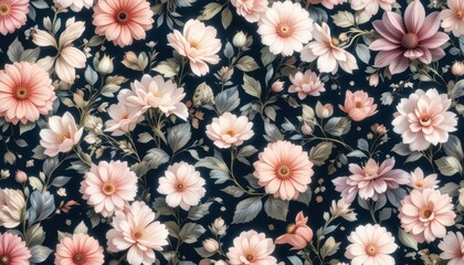 Elegant floral pattern with pink and white flowers on dark background