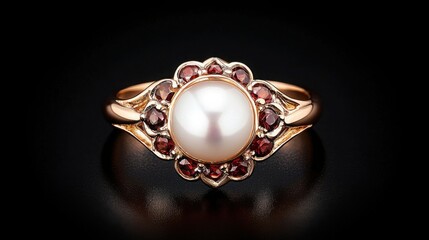 Obraz premium Elegant Antique Ring with Pearl Surrounded by Garnets on Dark Background