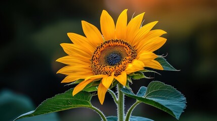 Fototapeta premium Vibrant Yellow Sunflower Blooming in Natural Light with Green Leaves Against a Blurred Background