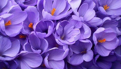 Crocus flowers blooming background for greeting cards and spring themes