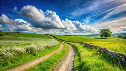 Obraz premium Serene Countryside Vista Winding Dirt Road Through Rolling Green Fields, Stone Walls, and Blossoming Meadows Under a Dramatic Sky