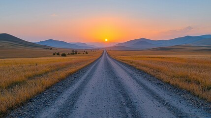 Naklejka premium Sunrise on an empty dirt road through vast landscape. Travel use, freedom concept