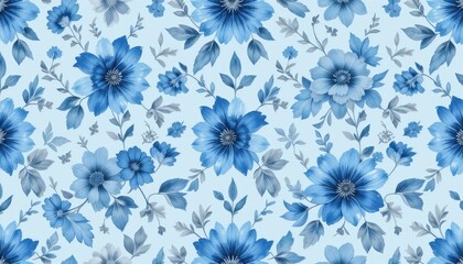 Blue floral pattern with leaves on light blue background