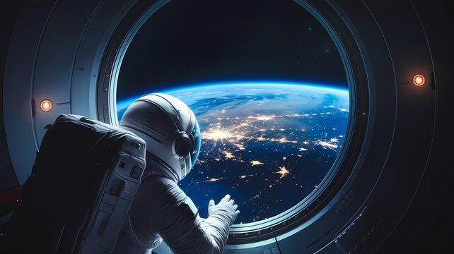 The digital illustration shows an astronaut in a spacecraft, observing Earth from a circular window, wearing a white suit and helmet, focusing on the breathtaking view. - Powered by Adobe