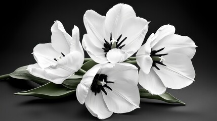 Elegant White Tulips with Dark Centers on Black Background for Artistic Floral Composition