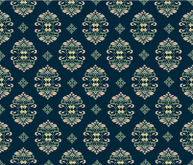 Ikat fabric pattern, Ikat pattern, full of flowers decorated with ikat pattern Dark green background illustration vector
