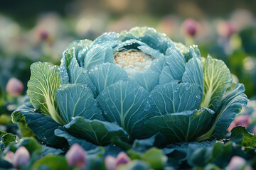 Fototapeta premium Dewy Cauliflower Head in a Lush Green Garden