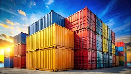 Fototapeta premium Vibrant Cargo Containers at Sunset A Stunning Display of Global Trade and Logistics