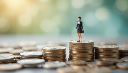 Miniature female caucasian adult businesswoman standing on coin stacks