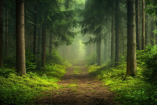 Misty forest path, green trees, sunlight, nature background, serenity
