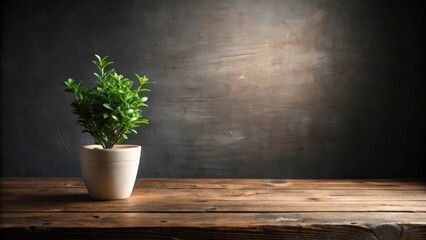 Serene potted plant on rustic wooden table against dark background
