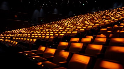 Obraz premium Warm amber lights illuminate rows of empty theater seats. AI Generated