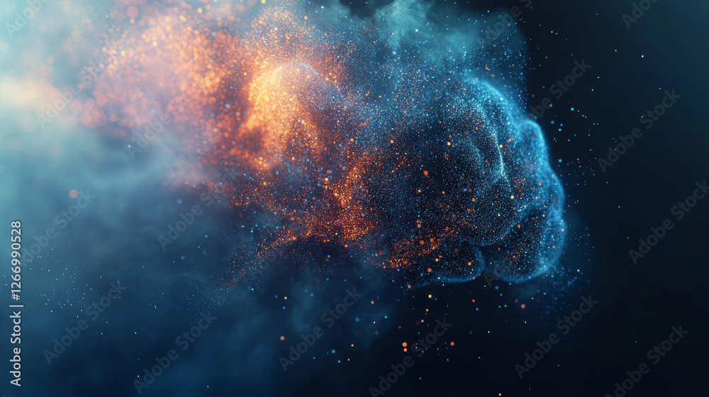 Fototapete Digital particles coalesce to form dynamic and vibrant patterns representing energy and motion in an abstract environment